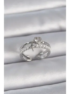  Gümüş Zirkon Taşlı Kalp İnci Yıldız Detay Ayarlanabilir Model Çelik Yüzük