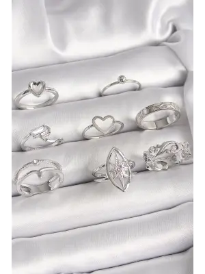 Pirinç Gümüş Renk Zirkon Taşlı Kalp Kutup Yıldız Figür Kadın Yüzük Kombini