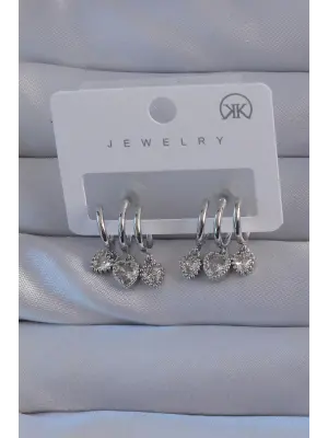  Gümüş Zirkon Taşlı Kalp Model Çoklu Görünüm Yarım Halka Küpe