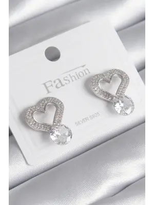  Gümüş Zirkon Taşlı Kalp Model Damla Zirkon Taş Detay Çelik Küpe