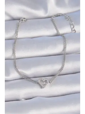 Pirinç Gümüş Renk Zirkon Taşlı Kalp Model Kadın Bileklik