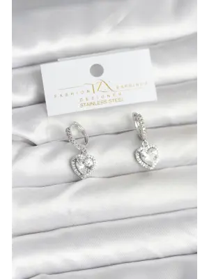 Pirinç Gümüş Renk Zirkon Taşlı Kalp Model Kadın Küpe