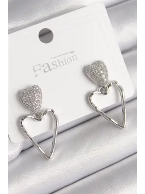  Gümüş Zirkon Taşlı Kalp Model Çelik Küpe