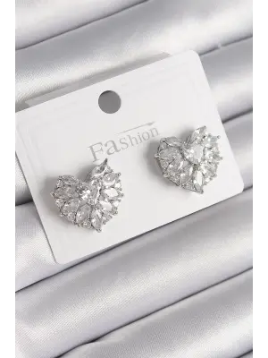  Gümüş Zirkon Taşlı Kalp Model Çelik Küpe