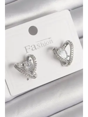  Gümüş Zirkon Taşlı Kalp Model Çelik Küpe