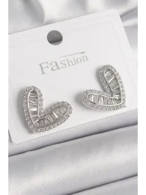  Gümüş Zirkon Taşlı Kalp Model Çelik Küpe