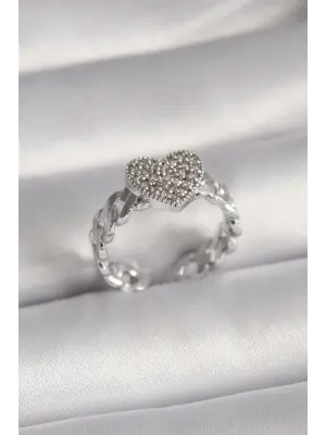  Gümüş Zirkon Taşlı Kalp Model Çelik Yüzük