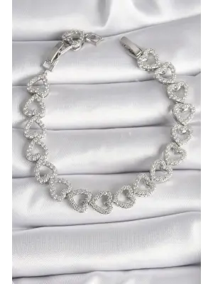 Pirinç Gümüş Renk Zirkon Taşlı Kalp Model VIP Seri Kadın Bileklik