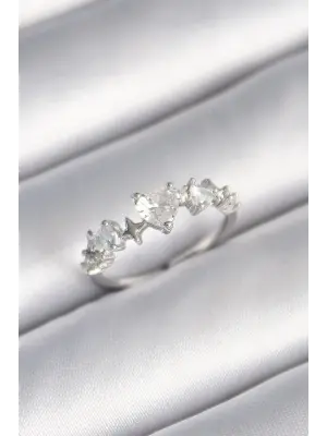  Gümüş Zirkon Taşlı Kalp Model Yıldız Detay Çelik Yüzük