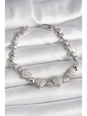 Pirinç Gümüş Renk Zirkon Taşlı Kalp Model Zincir Kadın Bileklik