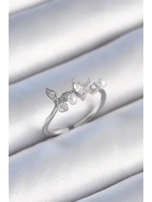  Gümüş Zirkon Taşlı Kalp Yaprak Model İnci Detay Çelik Yüzük