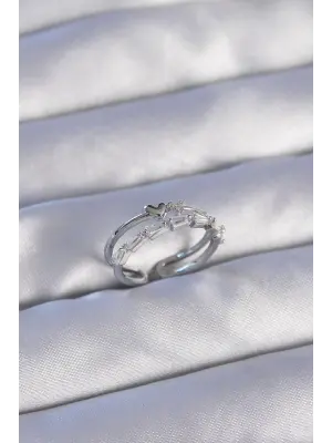  Gümüş Zirkon Taşlı Kalpli 2li Görünüm Ayarlanabilir Yüzük