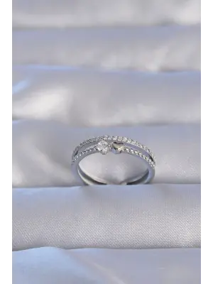  Gümüş Zirkon Taşlı Kalpli Su Yolu Model Ayarlanabilir Yüzük