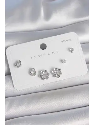 Pirinç Gümüş Renk Zirkon Taşlı Kar Tanesi Model 925 Ayar Gümüş Çivi Kadın Küpe Seti