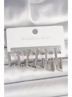 Pirinç Gümüş Renk Zirkon Taşlı Kare 3 Çift Kare Model Kadın Küpe