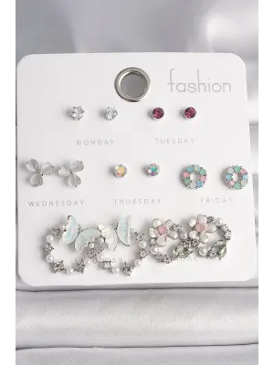  Gümüş Zirkon Taşlı Kelbekli Çiçekli Halka Model 7 Çift Çelik Küpe Seti