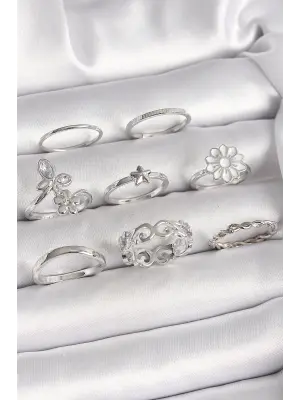 Pirinç Gümüş Renk Zirkon Taşlı Kelebek Figür Çiçek Yıldız Detay Kadın Yüzük Kombini