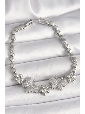 Pirinç Gümüş Renk Zirkon Taşlı Kelebek Figür Çiçek Zincir Model Kadın Bileklik