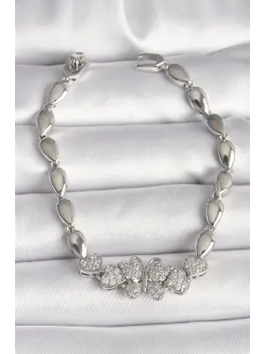 Pirinç Gümüş Renk Zirkon Taşlı Kelebek Figür Damla Zincir Model Kadın Bileklik