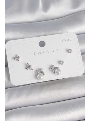 Pirinç Gümüş Renk Zirkon Taşlı Kelebek Model İnci Detay 925 Ayar Gümüş Çivi Kadın Küpe Seti