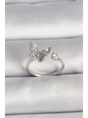  Gümüş Zirkon Taşlı Kelebek Model İnci Detay Ayarlanabilir Yüzük