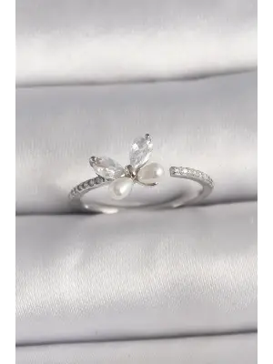  Gümüş Zirkon Taşlı Kelebek Model İnci Detaylı Ayarlanabilir Yüzük