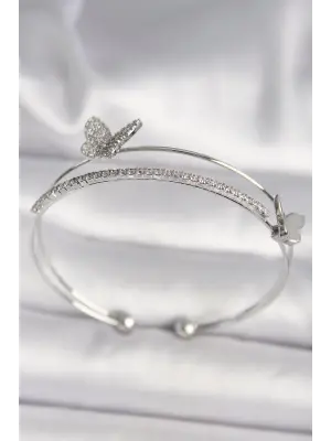 Pirinç Gümüş Renk Zirkon Taşlı Kelebek Model Kadın Bileklik