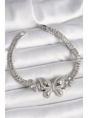 Pirinç Gümüş Renk Zirkon Taşlı Kelebek Model Kadın Bileklik