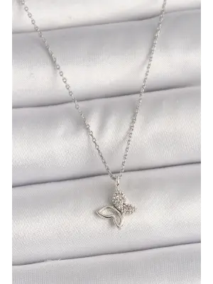 Pirinç Gümüş Zirkon Taşlı Kelebek Model Çelik Kolye