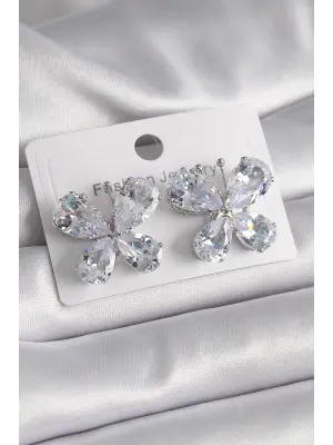  Gümüş Zirkon Taşlı Kelebek Model Çelik Küpe