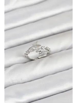 Pirinç Gümüş Renk Zirkon Taşlı Kelebek Model Kadın Yüzük