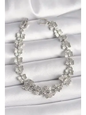 Pirinç Gümüş Renk Zirkon Taşlı Kelebek Model Zincir Kadın Bileklik