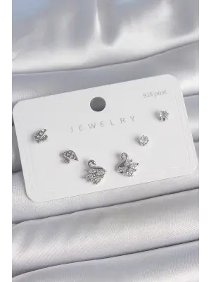 Pirinç Gümüş Renk Zirkon Taşlı Kuğu Model 925 Ayar Gümüş Çivi Kadın Küpe Seti