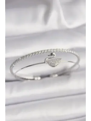 Pirinç Gümüş Renk Zirkon Taşlı Kuğu Model Kadın Bileklik
