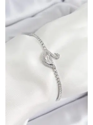 Pirinç Gümüş Renk Zirkon Taşlı Kuğu Model Kadın Bileklik