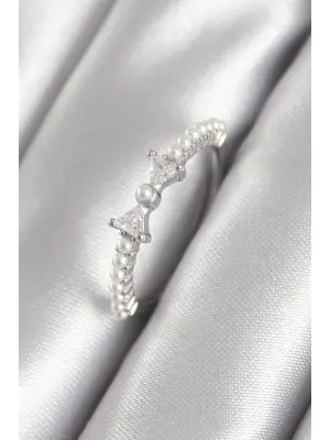  Gümüş Zirkon Taşlı Kurdele Model İnci Detay Çelik Yüzük