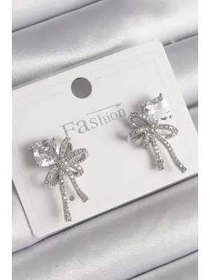 Gümüş Zirkon Taşlı Kurdele Model Çelik Küpe