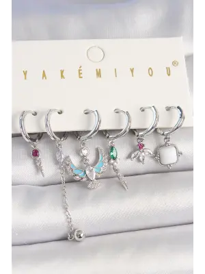 Pirinç Gümüş Renk Zirkon Taşlı Kuş Figür Çiçek Detay 6Lı Kadın Kombin Küpe