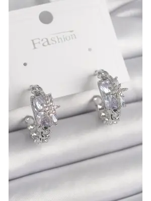  Gümüş Zirkon Taşlı Kutup Yıldız İşleme Detay Çelik Küpe