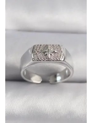  Gümüş Zirkon Taşlı Kutup Yıldız İşleme Çelik Yüzük