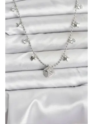 Pirinç Gümüş Renk Zirkon Taşlı Kutup Yıldızı Model Kadın Kolye