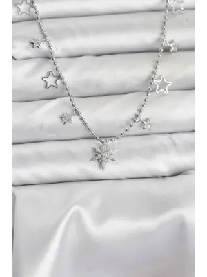 Pirinç Gümüş Renk Zirkon Taşlı Kutup Yıldızı Model Kadın Kolye