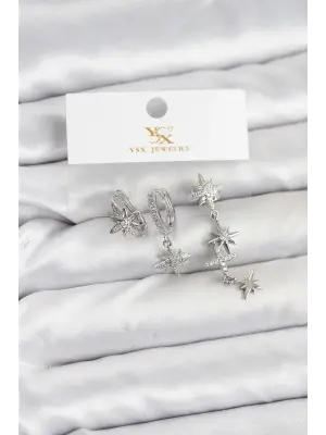 Çelik Gümüş Renk Zirkon Taşlı Kutup Yıldızı Model YSX Trio Küpe Seti