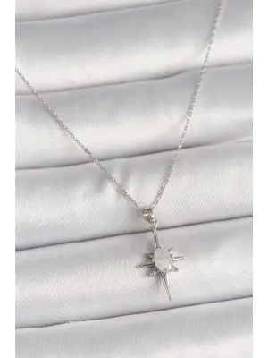 Pirinç Gümüş  Zirkon Taşlı Kuzey Yıldızı Model  Çelik Kolye
