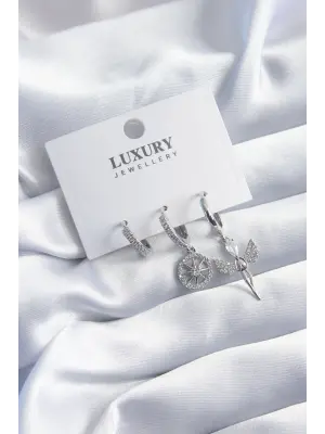 Pirinç Gümüş Renk Zirkon Taşlı Melek Model 3lü Kadın Küpe Seti