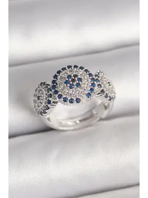 Pirinç Gümüş Renk Zirkon Taşlı Nazar Boncuk Model Ayarlanabilir Kadın Yüzük