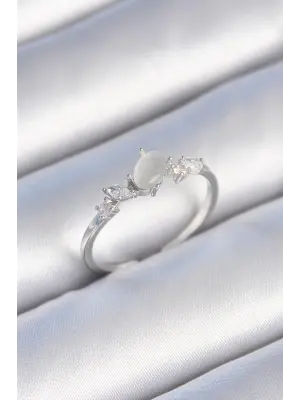  Gümüş Zirkon Taşlı Oval Beyaz Mineli Çelik Yüzük
