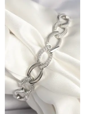 Pirinç Gümüş Renk Zirkon Taşlı Oval Zincir Model Kadın Bileklik