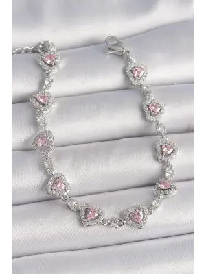 Pirinç Gümüş Renk Zirkon Taşlı Pembe Kalp Model VIP Seri Kadın Bileklik