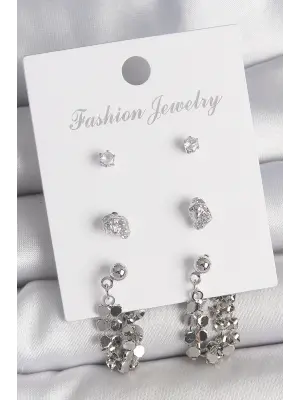 Pirinç Gümüş Renk Zirkon Taşlı Pullu Sallantılı Model 3 Çift Kadın Küpe Seti